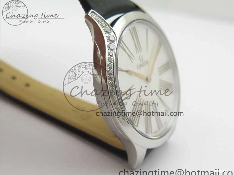 0811 Ladies’ De Ville Trésor Diamond SS 3AF 1:1 Best Edition White MOP Dial RG Markers On Black Fabric strap Swiss Quartz Comfortable 7884